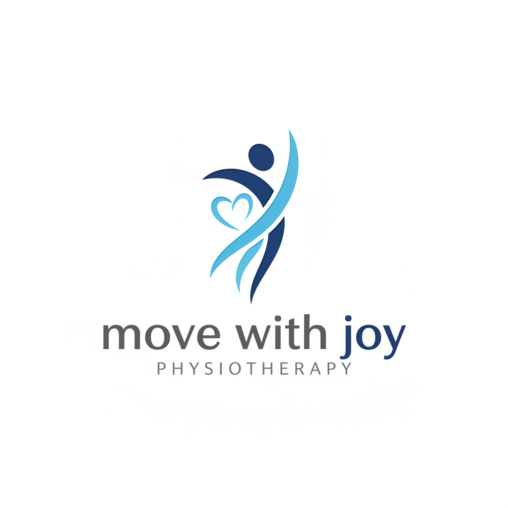 The logo for Move with Joy Physiotherapy features a stylized blue silhouette of a person in a dynamic movement, with an in...