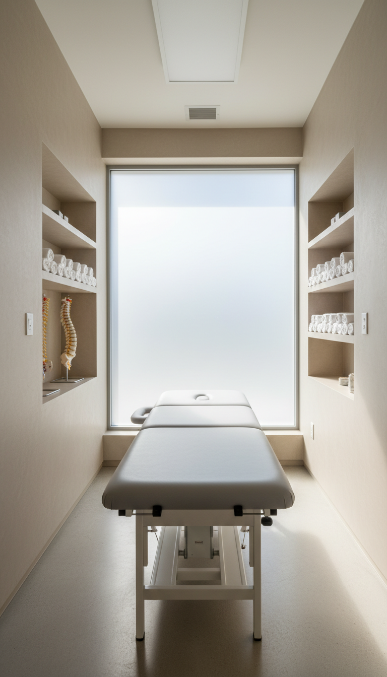 An immaculate treatment room featuring a sleek, adjustable physiotherapy table with a smooth, light grey vinyl surface, perfectly positioned at the center of a minimalist clinic space. The room’s walls are painted a soft neutral stone, accentuated by subtle built-in shelving with neatly rolled white towels and a modern anatomical model in the background. Soft, diffused daylight spills through a large frosted window, providing even illumination and casting gentle, balanced shadows that enhance the room’s structured layout. The overall scene is photographed at eye level with sharp clarity throughout, creating a clean, professional, and welcoming atmosphere suited to expert musculoskeletal care. The visual tone is sophisticated and corporate, emphasizing orderly, calming aesthetics.