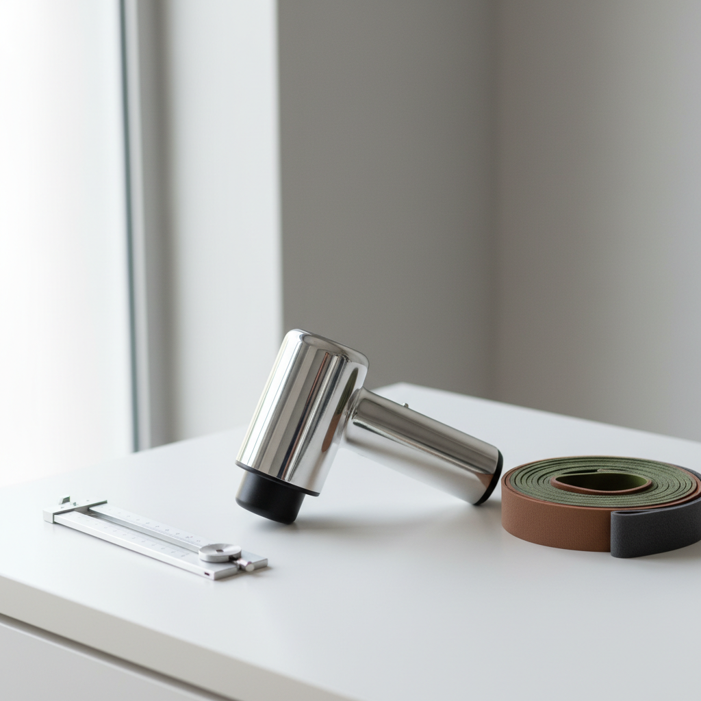 A close-up view of state-of-the-art physiotherapy equipment displayed on a pristine white countertop, including a high-polished stainless steel handheld massager, a set of resistance bands in muted earth tones, and a brushed-aluminum goniometer. The background features smooth, seamless neutral surfaces for an uncluttered, clinical look. Bright, indirect daylight from a large nearby window ensures consistent illumination, creating crisp highlights on the metallic elements and subtle, soft-edged shadows across the composition. The scene is shot from a slightly elevated angle using a shallow depth of field to emphasize textures and precise lines. The image embraces a modern, minimalist photographic style, presenting physiotherapy tools with clarity and understated professionalism.